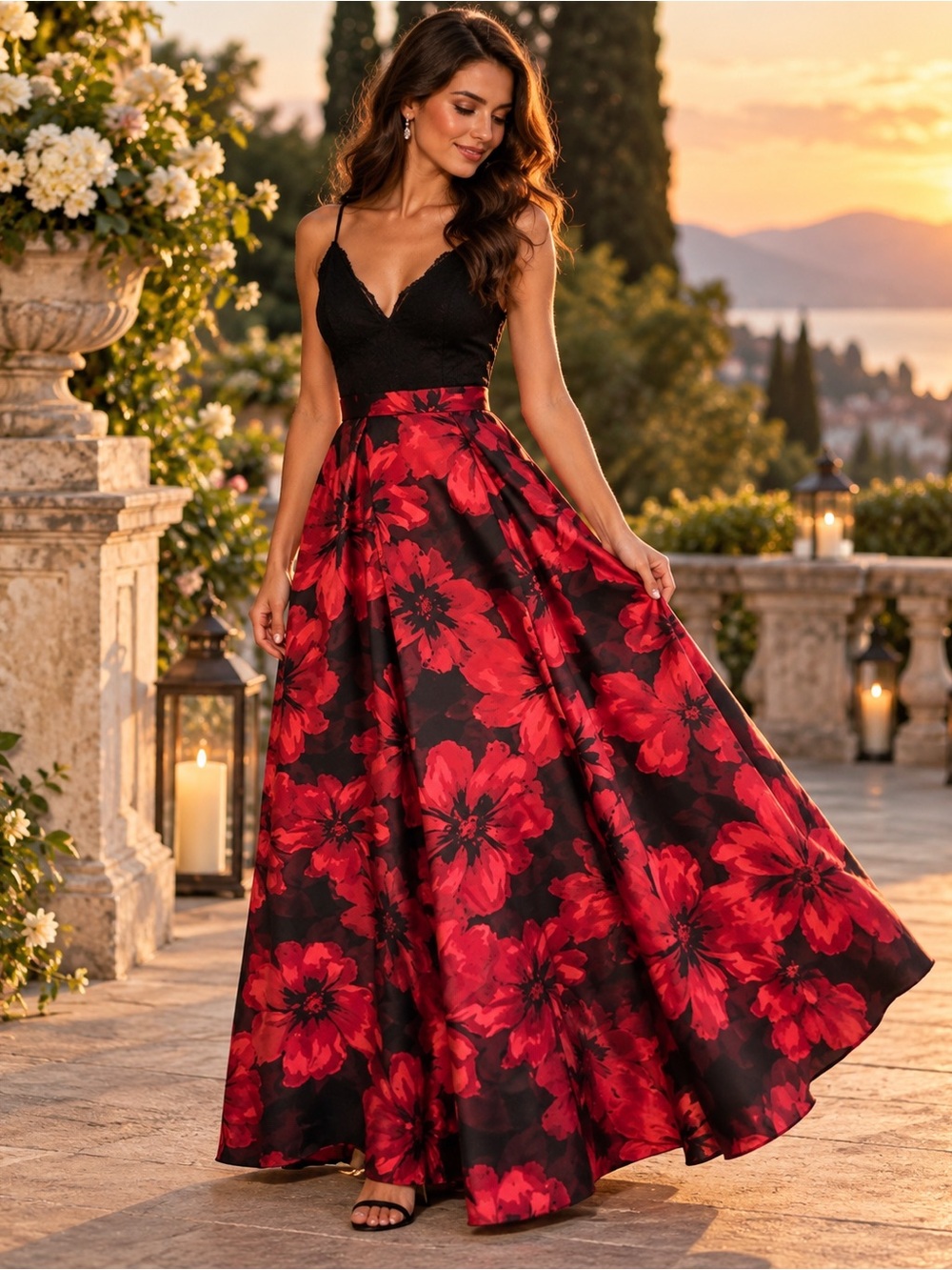 Black & Red Floral Maxi Dress